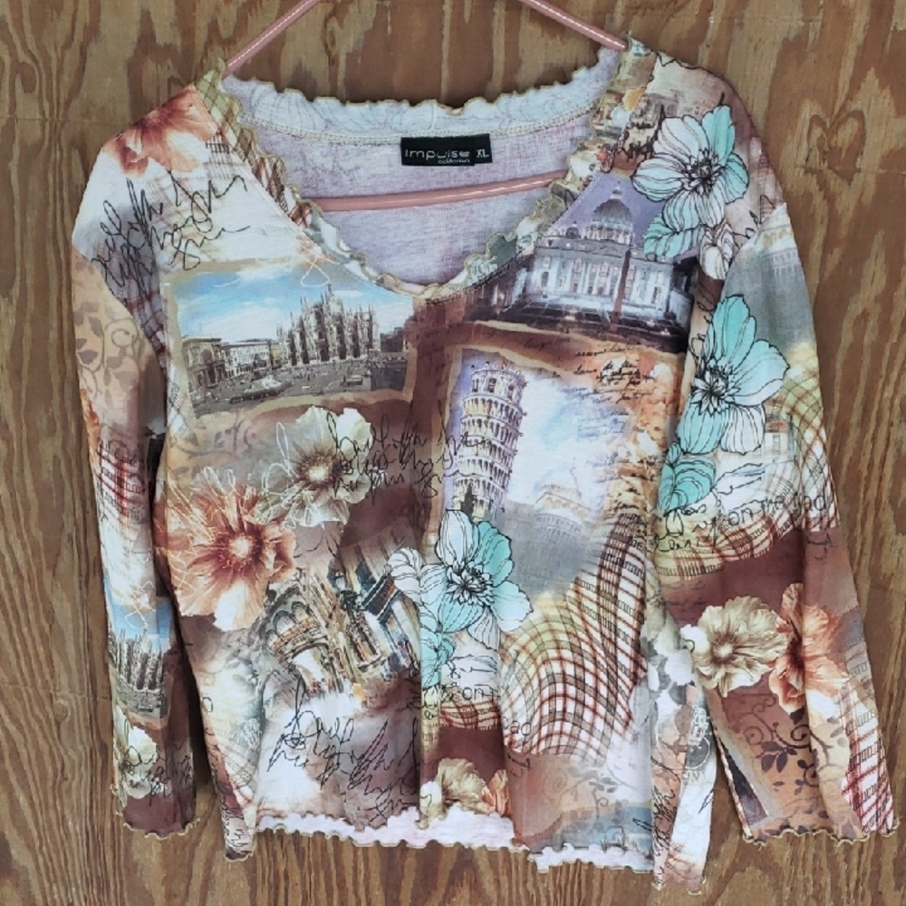 Vintage "Impulse" Women's Multicolor Scenic Long Sleeve Tee, Italy, gemstones